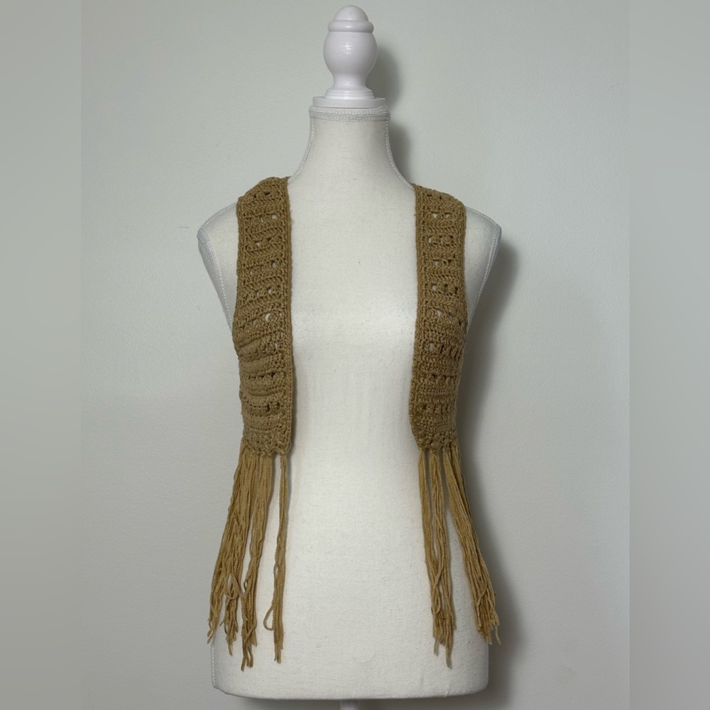 UNBRANDED‎ Vintage Tan Knit Boho Festival Summer Fringe Vest Size XS